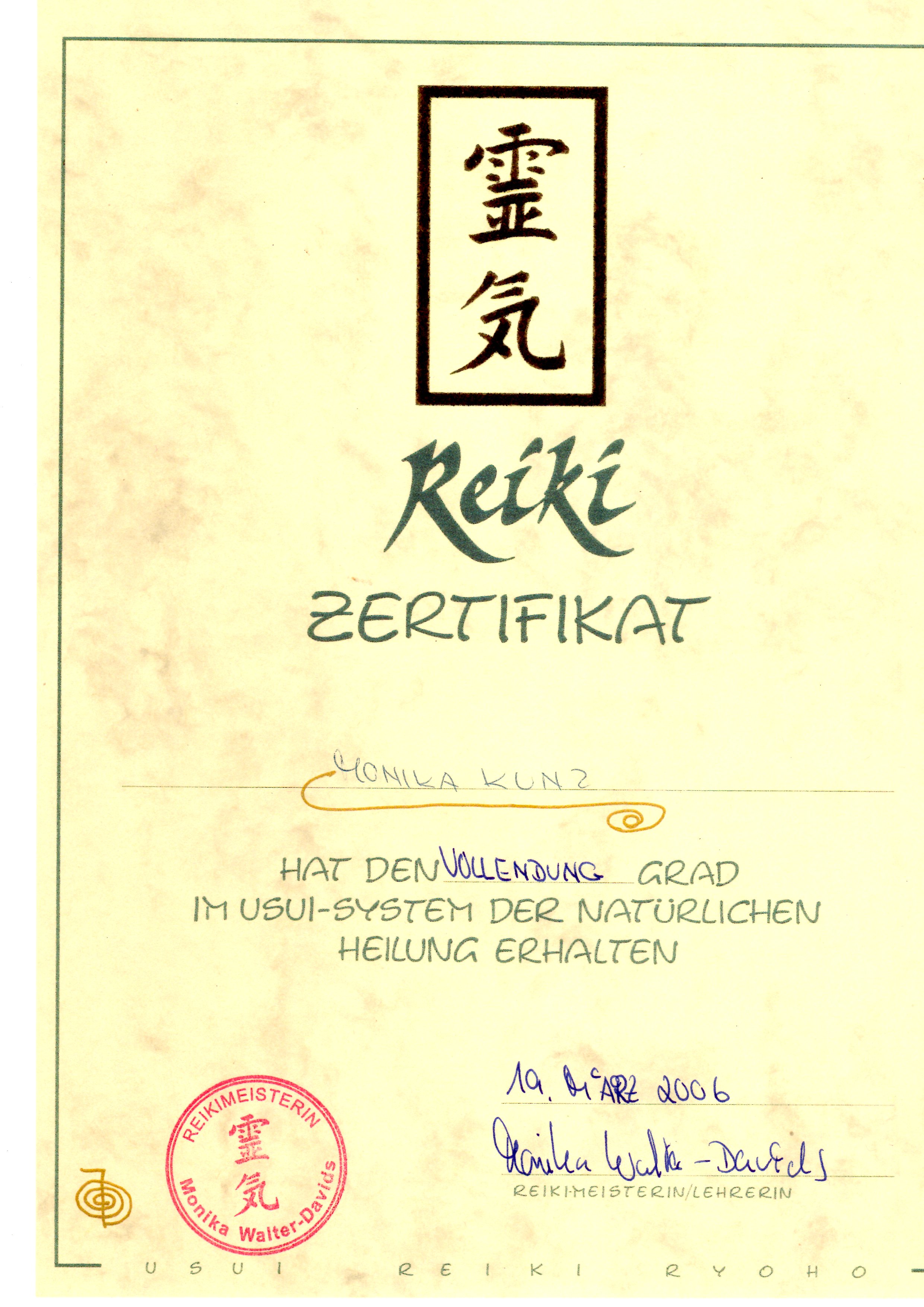 Zertifikat Vollendung Grad 19.03.06